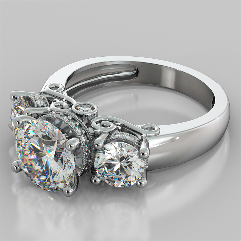 Round Cut Three Stone Filigree Engagement Ring with Crown Accents