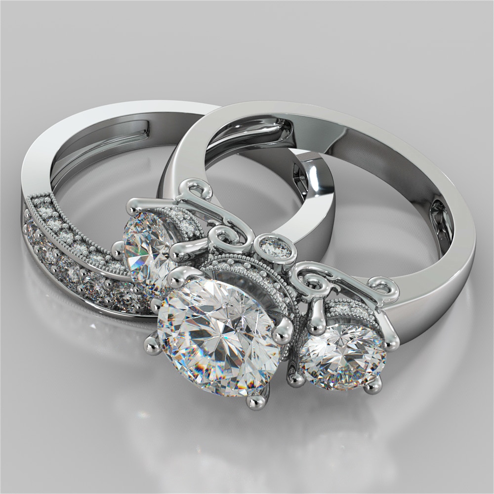 3.54Ct Round Cut Three-Stone Wedding Set with Accents in 14K White Gold