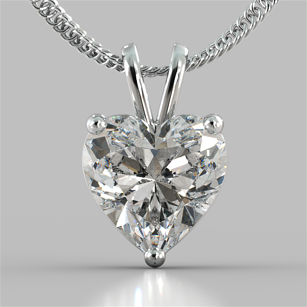 3.0Ct Heart Cut Solitaire Pendant With Diamond Cut Cable Chain in 14K White Gold