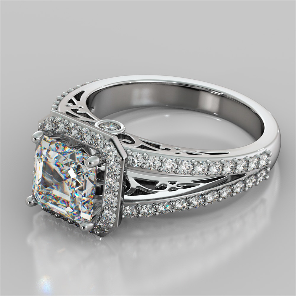 Asscher Cut Split Shank Engagement Ring with Filigree Setting