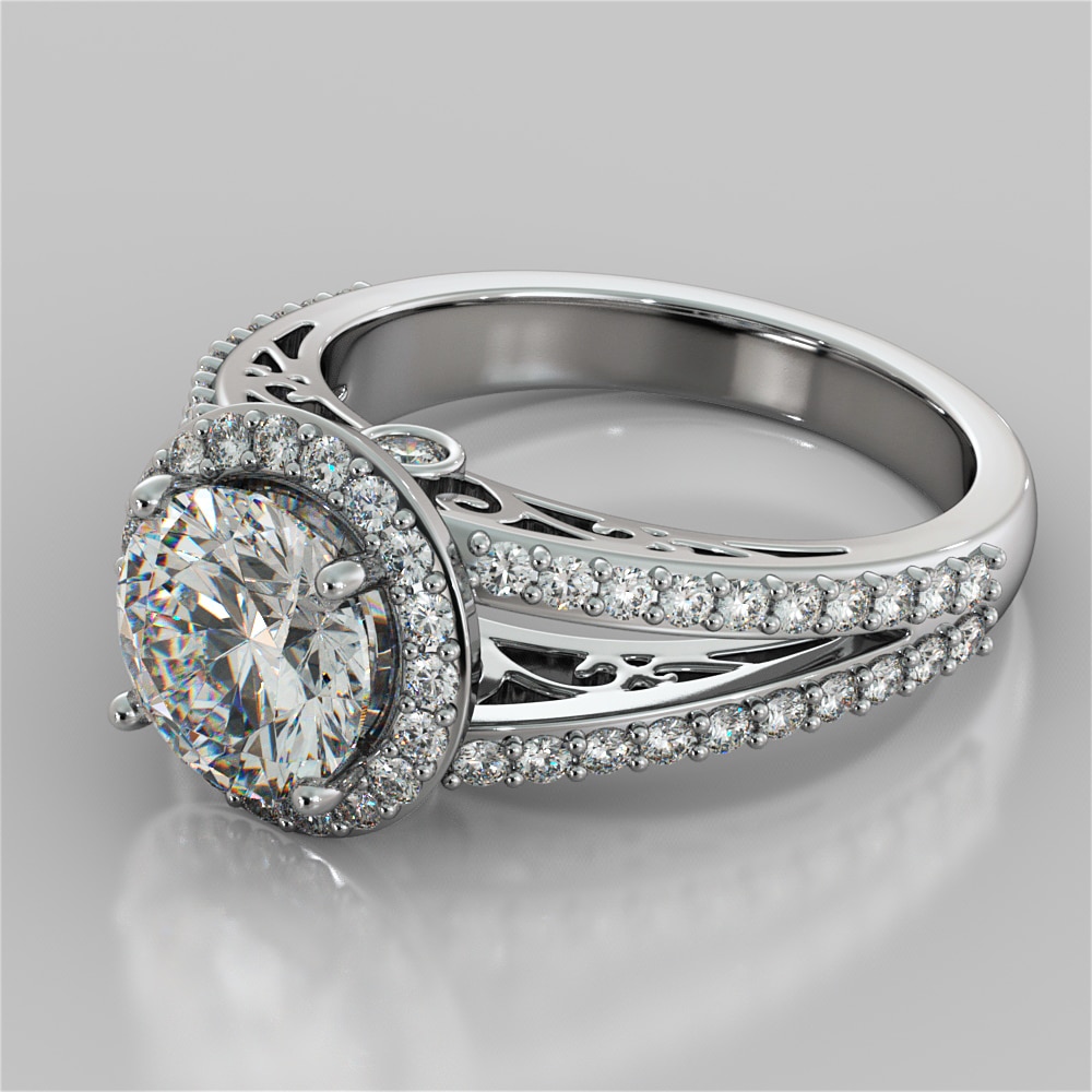 Round Cut Engagement Ring with Filigree Split Shanks