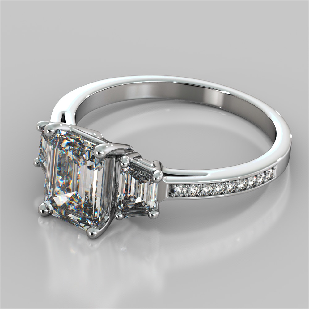 Radiant Cut Three-Stone Engagement Ring With Trapezoids