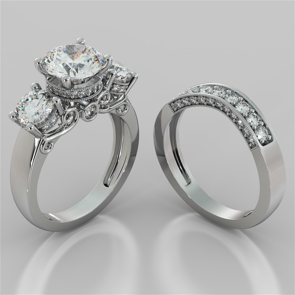 Agape 3.54Ct Round Cut 3 Stone Designer Filigree Wedding Set