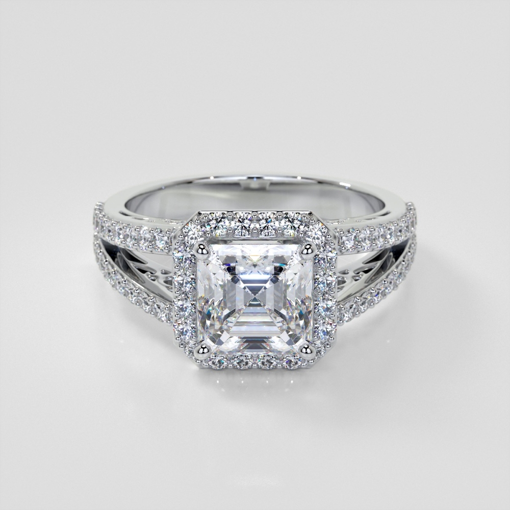 Asscher Cut Lab Grown Diamond Engagement Ring with Filigree Split Shanks