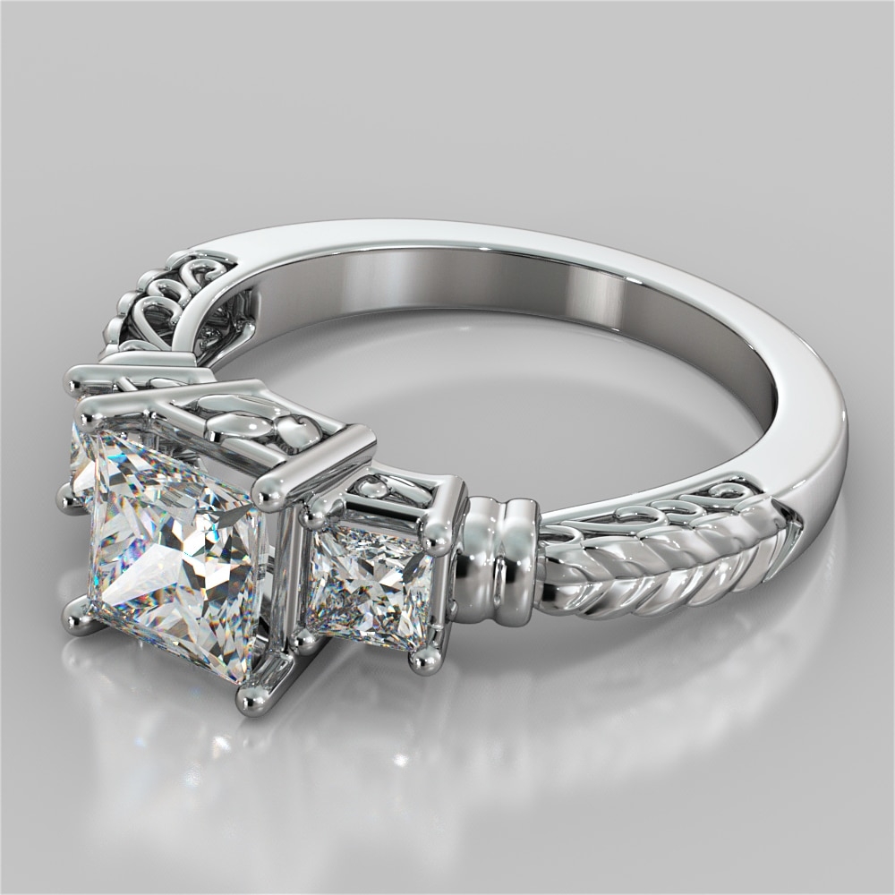 Princess Cut Three Stone Filigree Engagement Ring